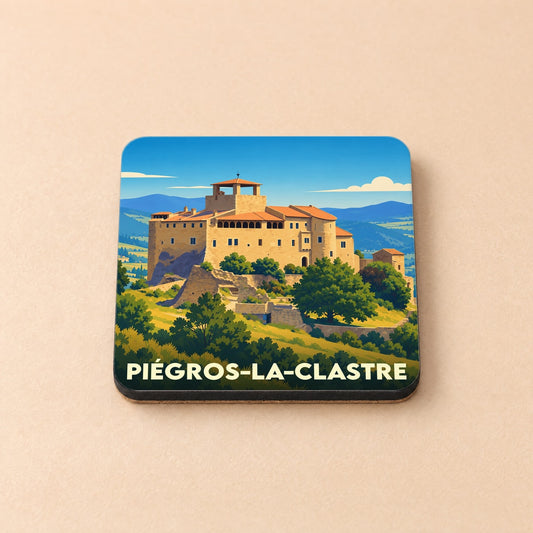 Dessous de verre souvenir de la ville de Piégros-la-Clastre avec une illustration stylisée.