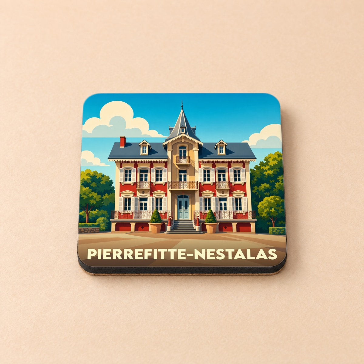 Dessous de verre souvenir de la ville de Pierrefitte-Nestalas avec une illustration stylisée d'un bâtiment historique.