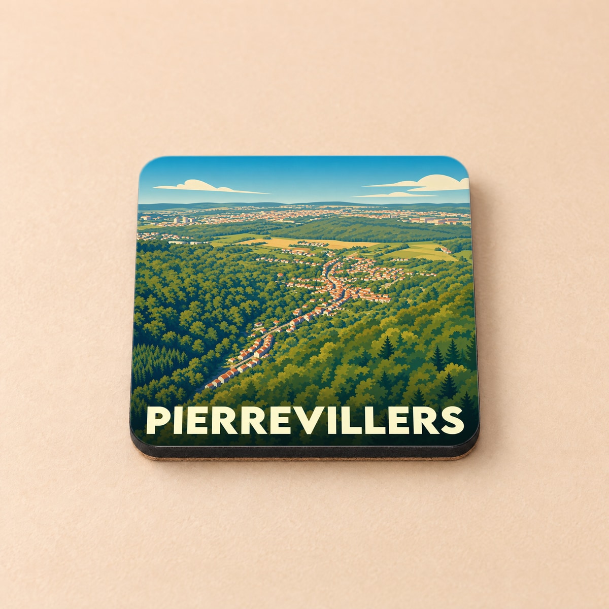 Dessous de verre souvenir de la ville de Pierrevillers avec une illustration stylisée de son paysage vallonné.