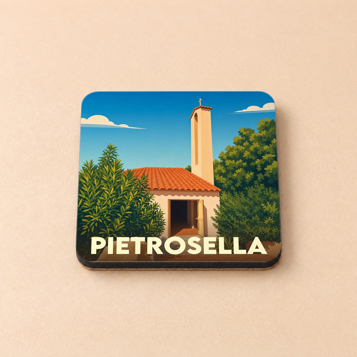 Dessous de verre souvenir de la ville de Pietrosella avec une illustration stylisée d'une église sous un ciel bleu.