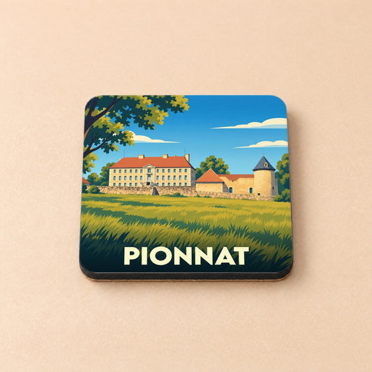 Dessous de verre souvenir de la ville de Pionnat avec une illustration stylisée d'un château.