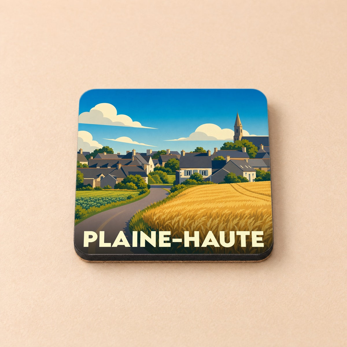 Dessous de verre souvenir de la ville de Plaine-Haute avec une illustration stylisée d'un paysage champêtre.