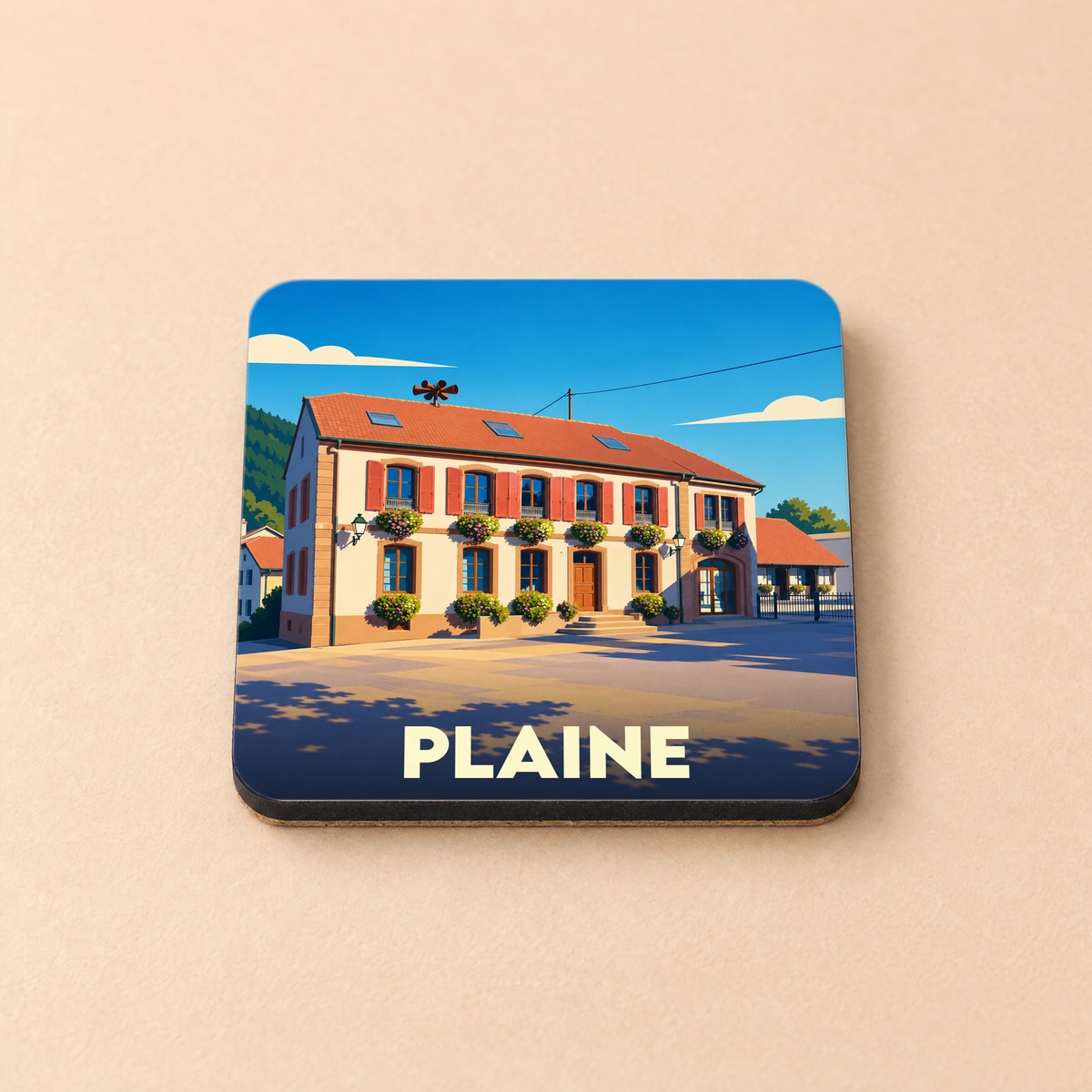 Dessous de verre souvenir de la ville de Plaine avec une illustration stylisée d'un bâtiment traditionnel.