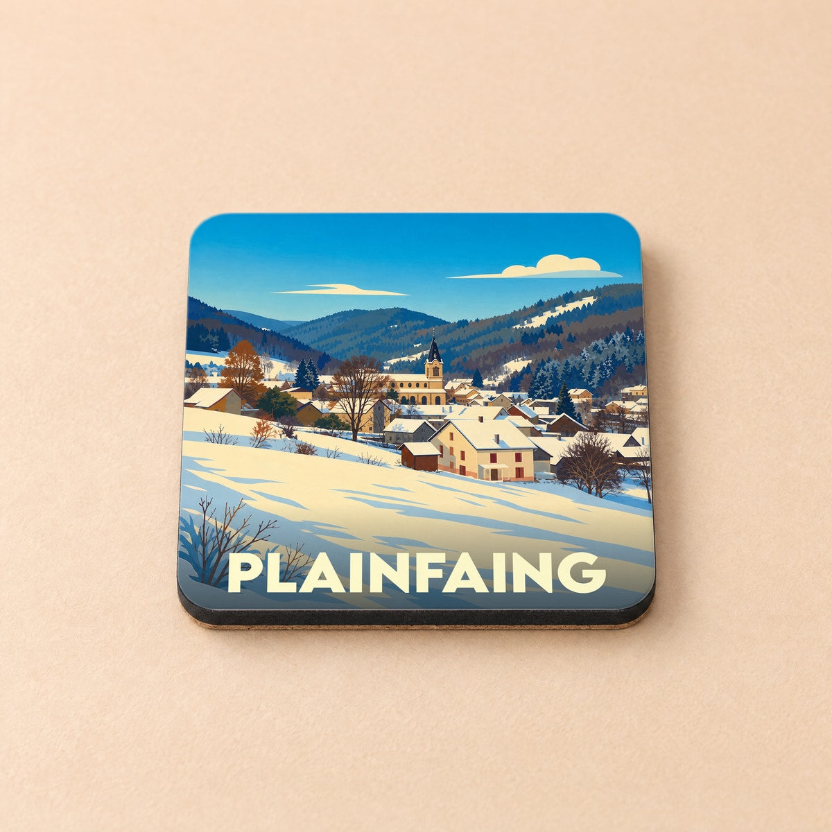 Dessous de verre souvenir de la ville de Plainfaing avec une illustration hivernale stylisée.