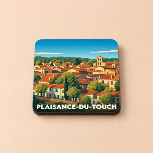 Dessous de verre souvenir de la ville de Plaisance-du-Touch avec une illustration stylisée.