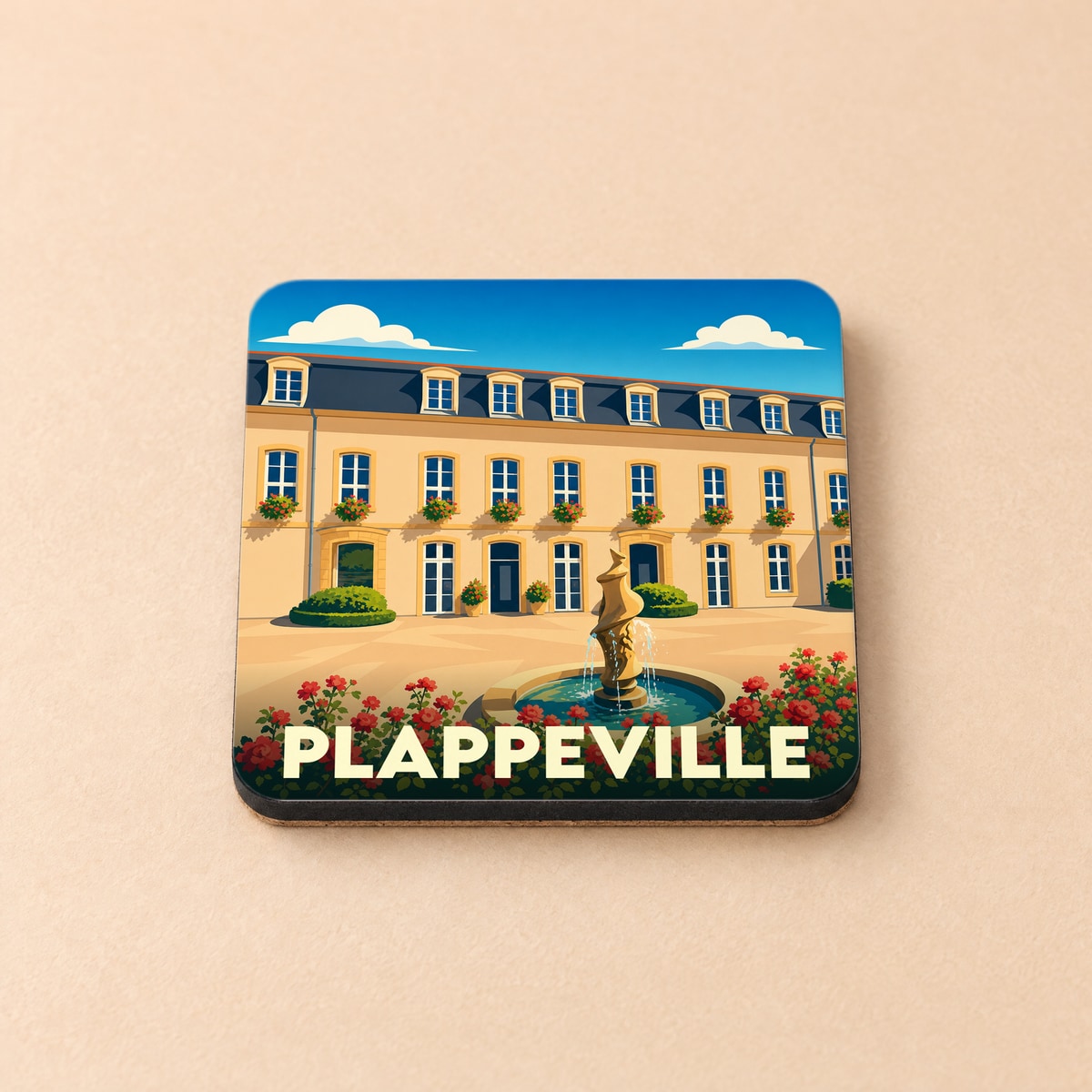 Dessous de verre souvenir de la ville de Plappeville avec une illustration stylisée d'un bâtiment classique et d'une fontaine.