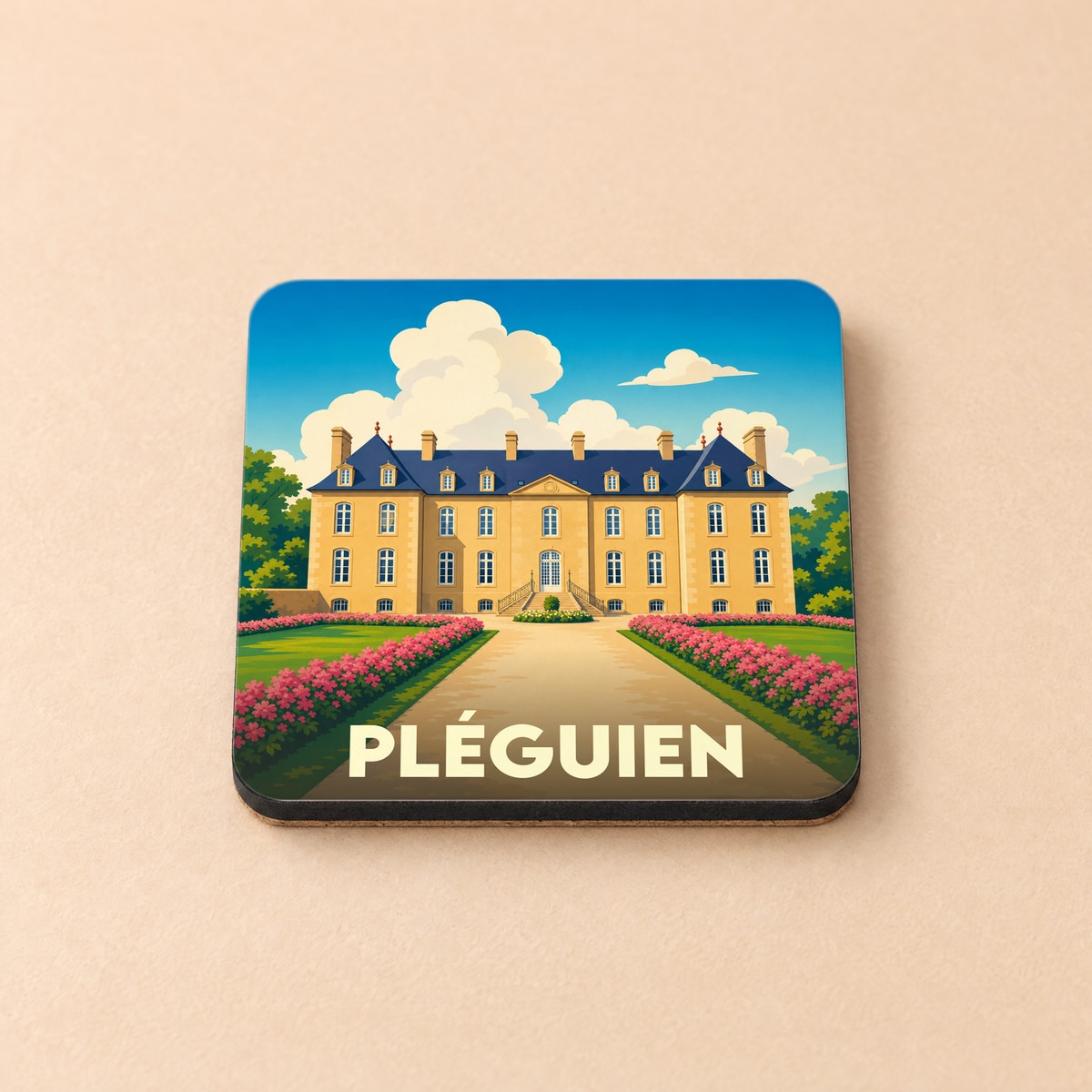 Dessous de verre souvenir de la ville de Pléguien avec une illustration stylisée d'un château et de ses jardins.