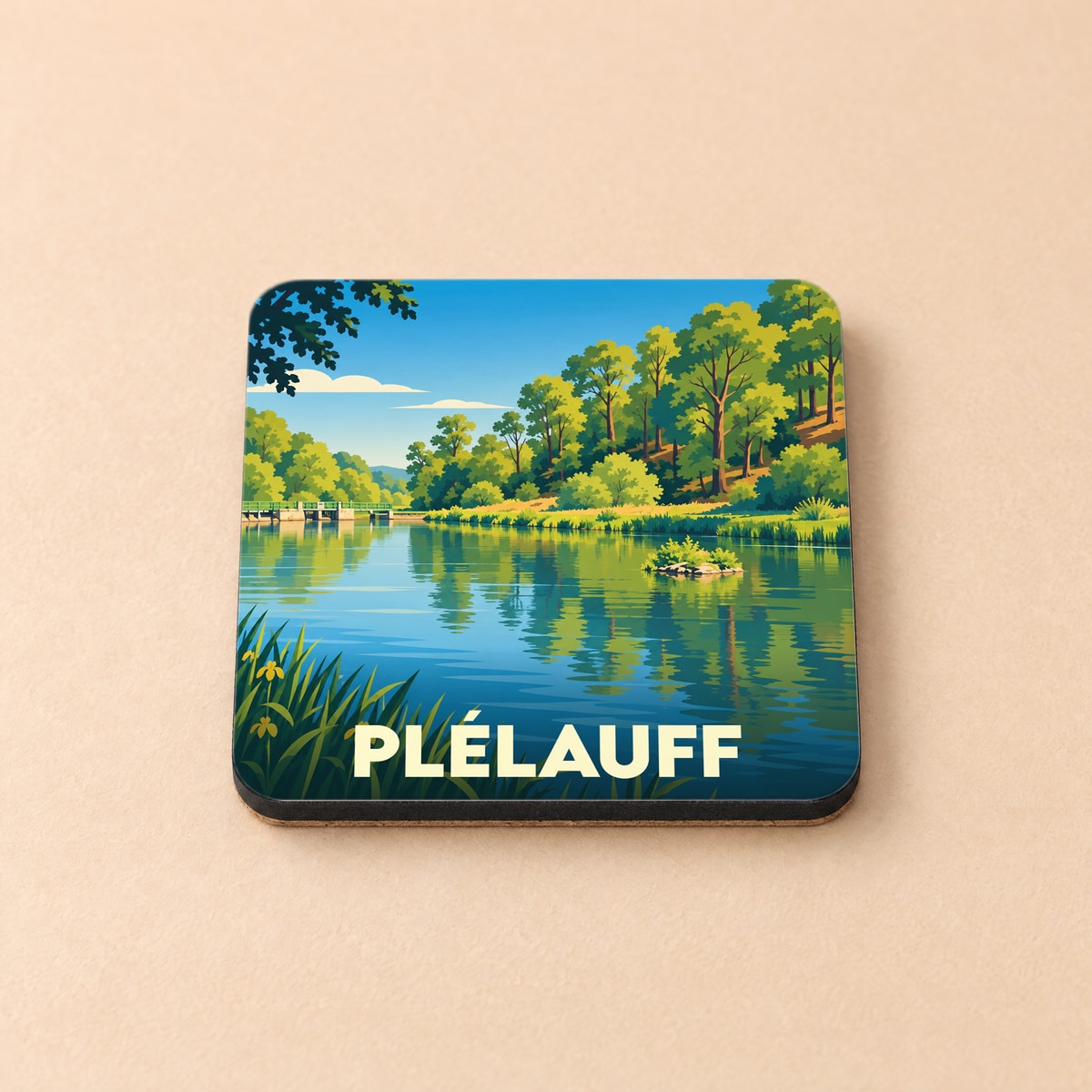 Dessous de verre souvenir de la ville de Plélauff avec une illustration stylisée de son paysage fluvial.