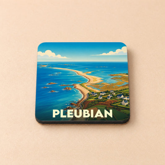 Dessous de verre souvenir de la ville de Pleubian avec une illustration stylisée de son littoral et du Sillon de Talbert.