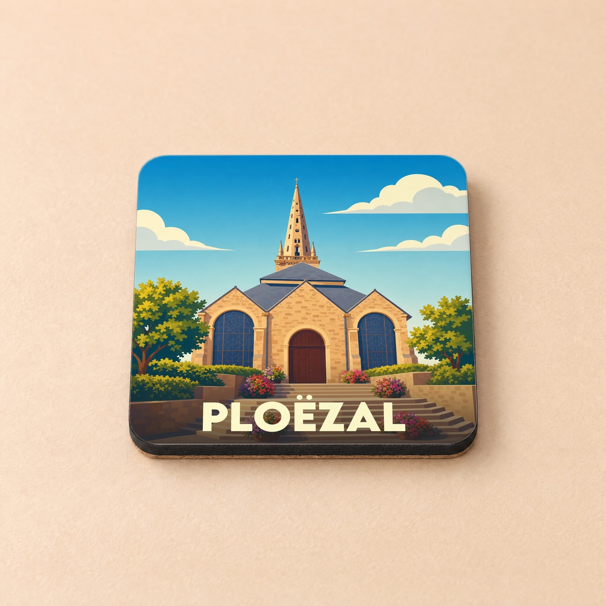 Dessous de verre souvenir de la ville de Ploëzal avec une illustration stylisée d'une église sous un ciel bleu.