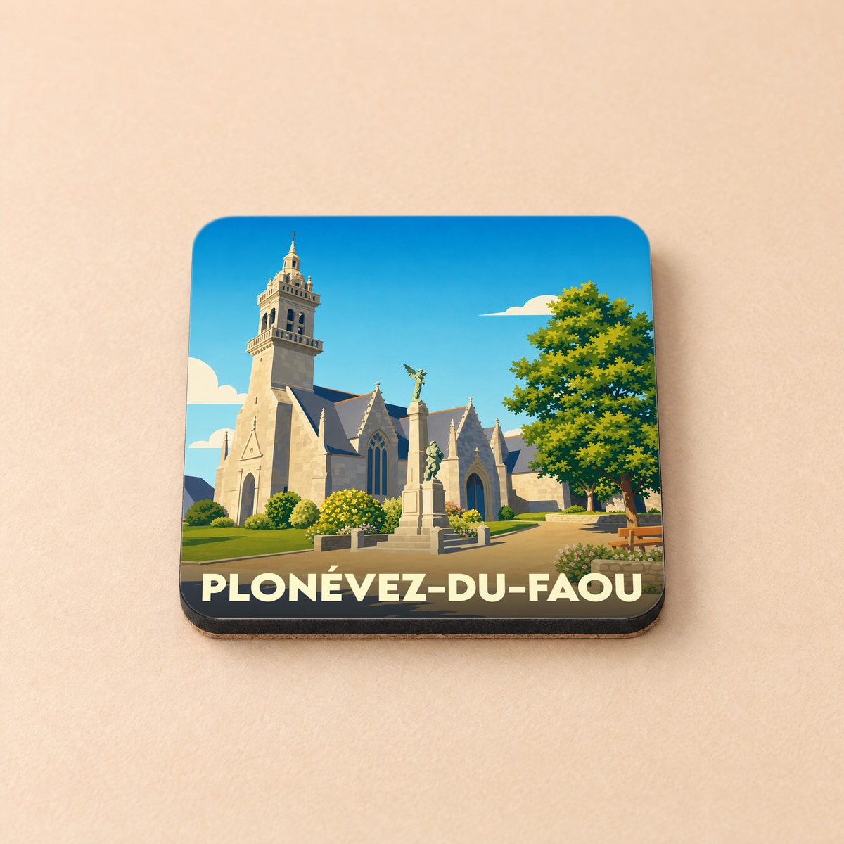 Dessous de verre souvenir de la ville de Plonévez-du-Faou avec une illustration stylisée de son église et d'un monument.