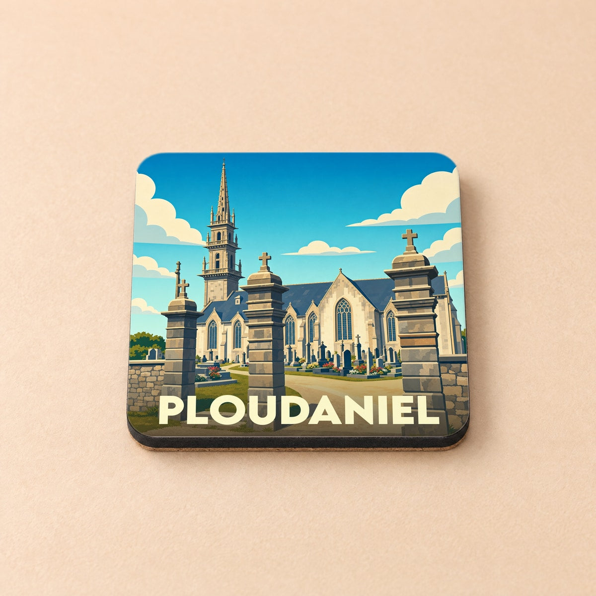 Dessous de verre souvenir de la ville de Ploudaniel avec une illustration stylisée de son église et de son cimetière.