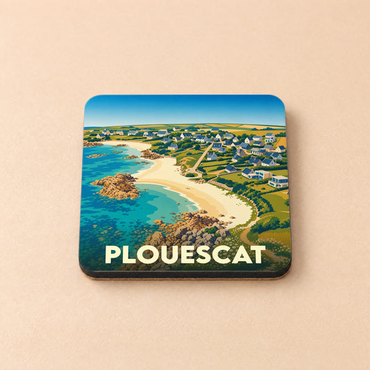 Dessous de verre souvenir de la ville de Plouescat avec une illustration stylisée de son littoral.