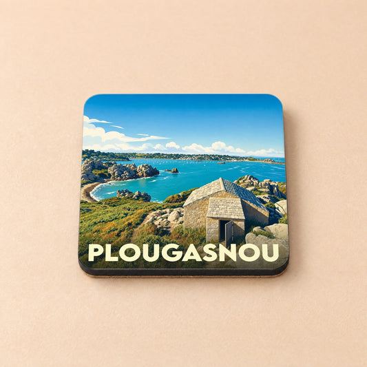 Dessous de verre souvenir de la ville de Plougasnou avec une illustration stylisée d'un paysage côtier breton.