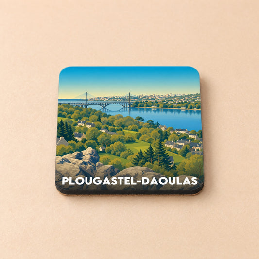 Dessous de verre souvenir de Plougastel-Daoulas avec une illustration stylisée du pont et de la ville.