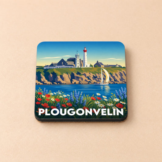Dessous de verre souvenir de la ville de Plougonvelin avec une illustration stylisée du phare de la Pointe Saint-Mathieu.