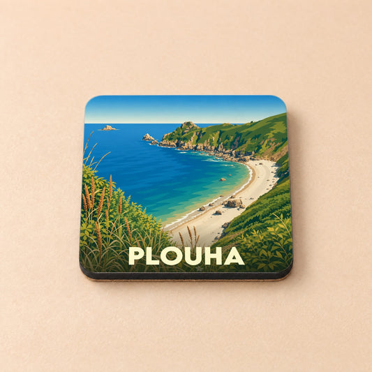 Dessous de verre souvenir de la ville de Plouha avec une illustration stylisée de son littoral.