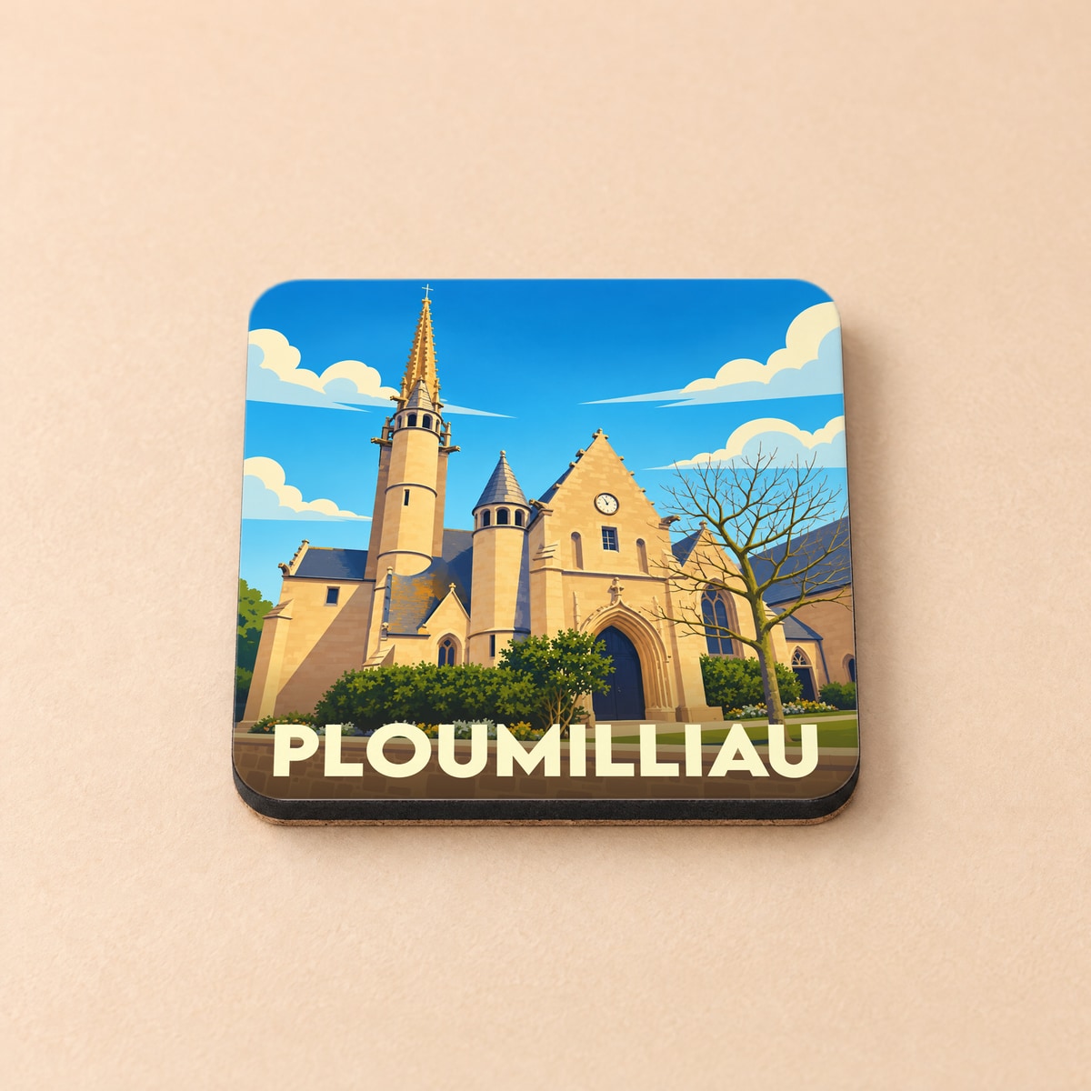 Dessous de verre souvenir de la ville de Ploumilliau avec une illustration stylisée de son église.