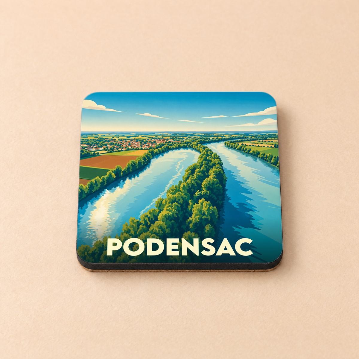 Dessous de verre souvenir de la ville de Podensac illustrant un paysage de fleuve et de vignobles.