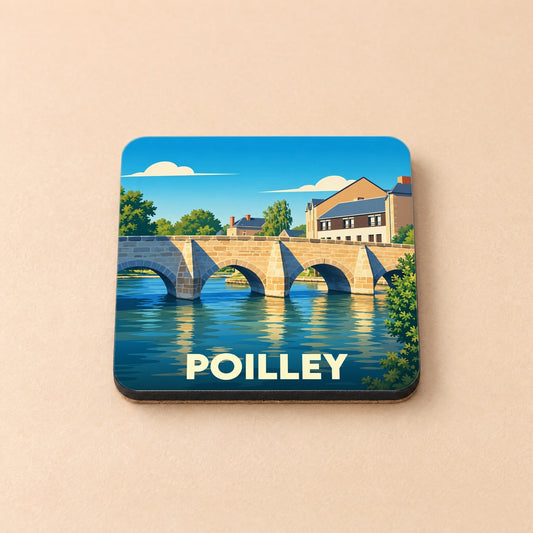 Dessous de verre souvenir de la ville de Poilley avec une illustration stylisée de son pont en pierre.