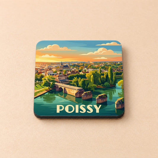 Dessous de verre souvenir de la ville de Poissy avec une illustration stylisée d'un pont historique au-dessus de la Seine.