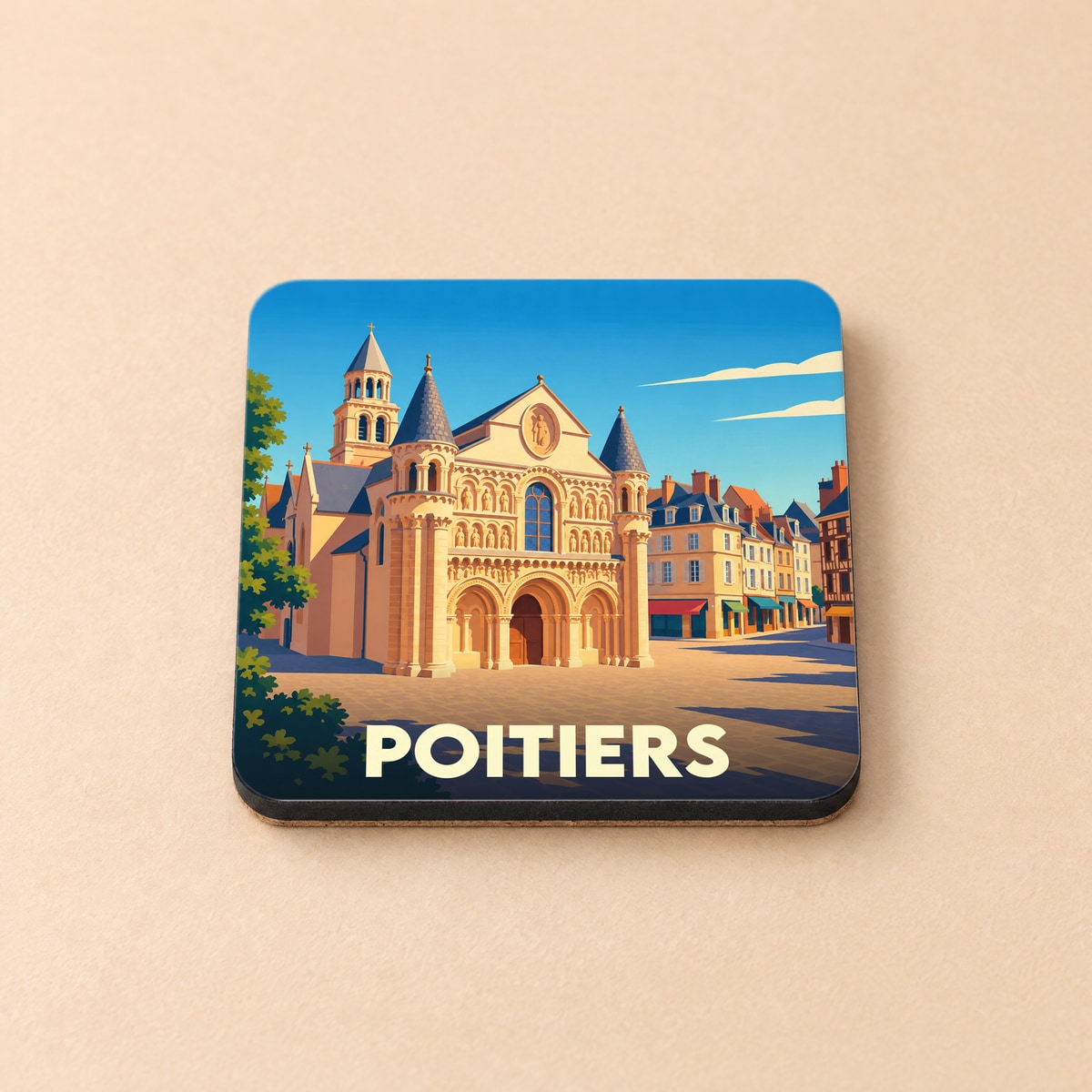 Dessous de verre souvenir de la ville de Poitiers avec une illustration stylisée de l'église Notre-Dame-la-Grande.