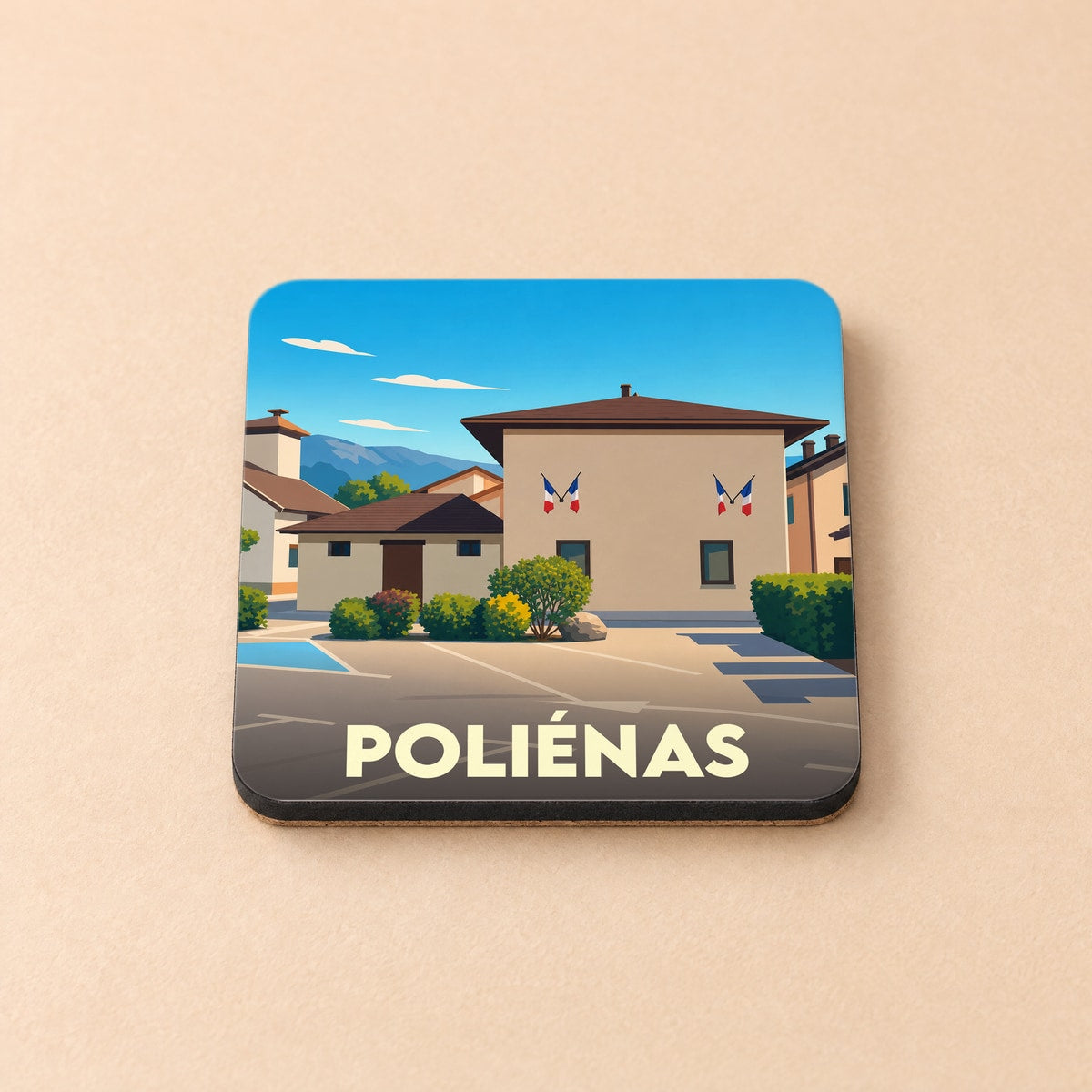 Dessous de verre souvenir de la ville de Poliénas avec une illustration stylisée de sa mairie.
