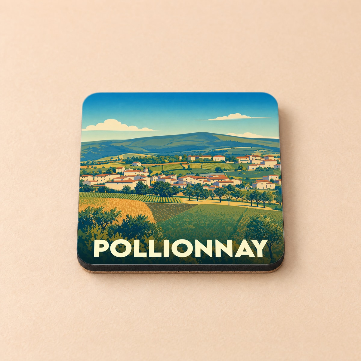 Dessous de verre souvenir de la ville de Pollionnay avec une illustration stylisée de son paysage rural.