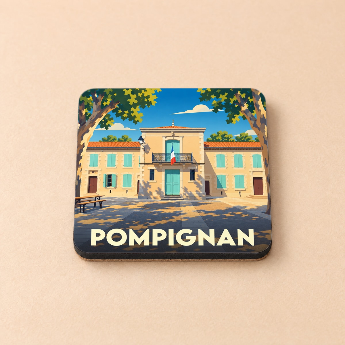 Dessous de verre souvenir de la ville de Pompignan avec une illustration stylisée de sa mairie.