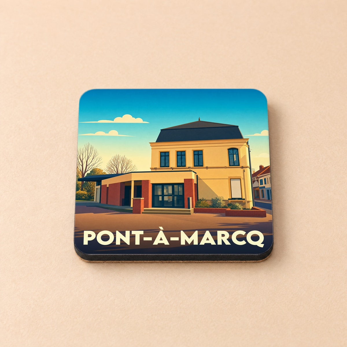 Dessous de verre souvenir de la ville de Pont-à-Marcq avec une illustration stylisée de la mairie.