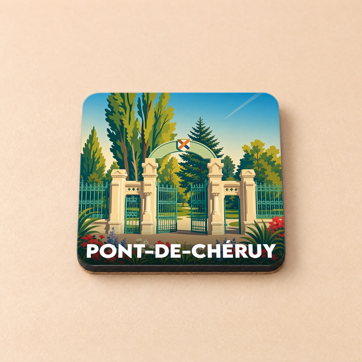 Dessous de verre souvenir de la ville de Pont-de-Chéruy illustré d'un portail de parc stylisé.