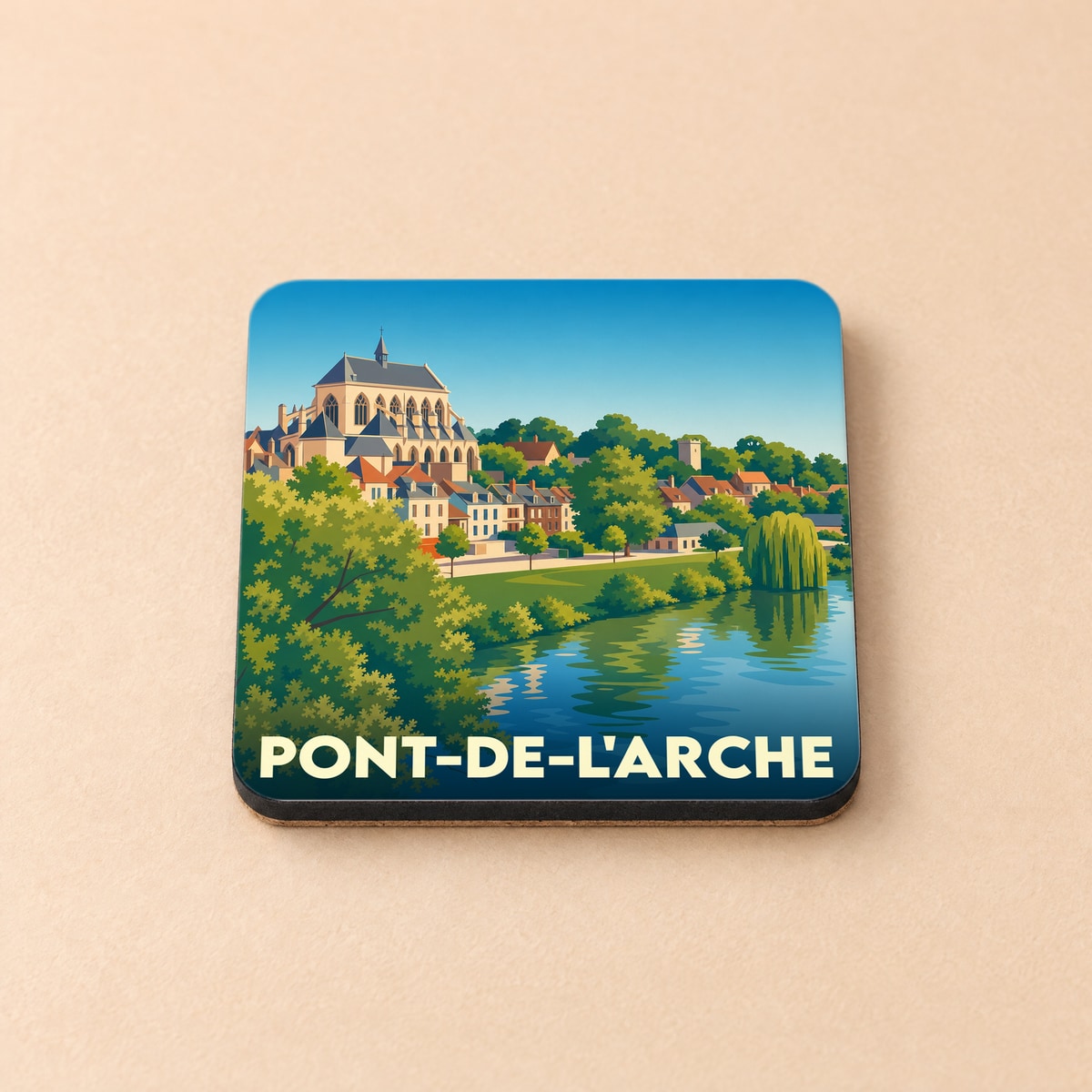 Dessous de verre souvenir de la ville de Pont-de-l'Arche avec une illustration stylisée des bords de l'Eure.