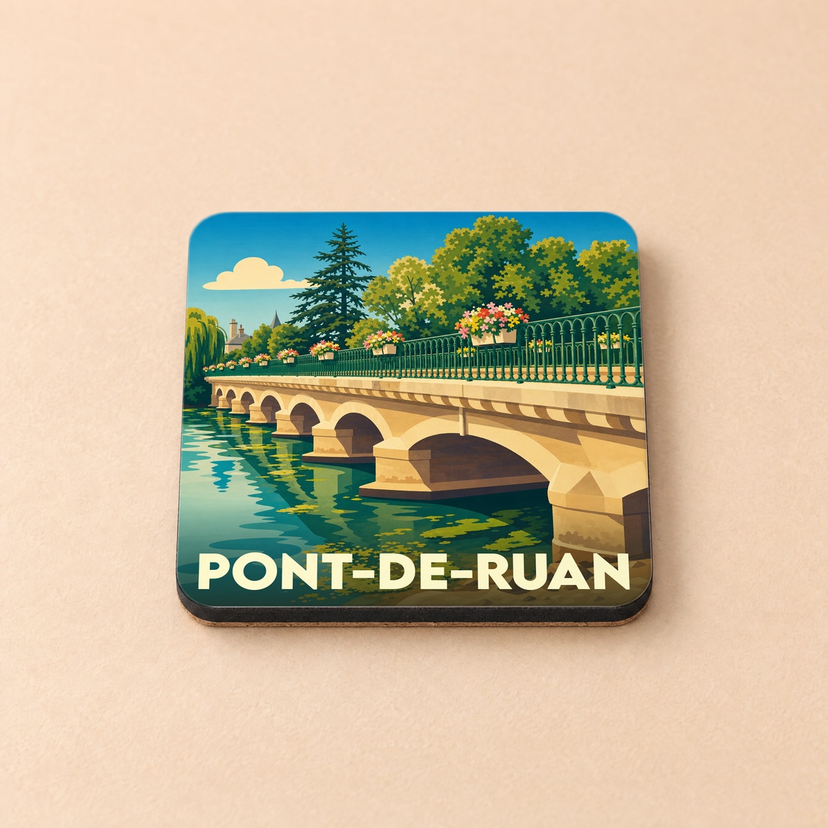 Dessous de verre souvenir de la ville de Pont-de-Ruan avec une illustration stylisée de son pont.