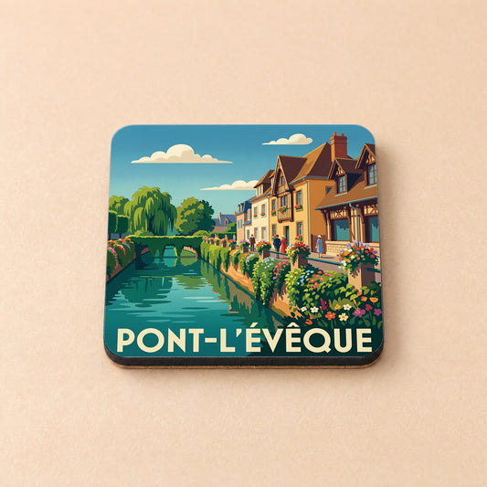 Dessous de verre souvenir de la ville de Pont-l'Évêque avec une illustration stylisée.