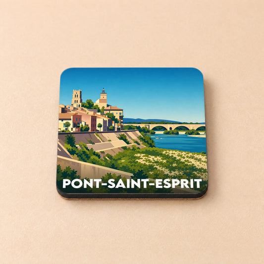 Dessous de verre souvenir de la ville de Pont-Saint-Esprit avec une illustration stylisée des bords du Rhône et de son pont.