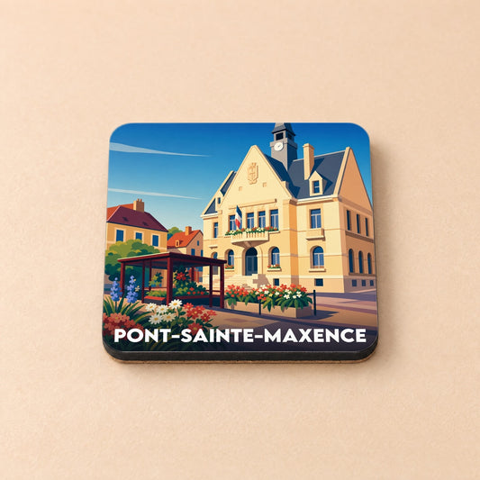 Dessous de verre souvenir de la ville de Pont-Sainte-Maxence avec une illustration stylisée de l'hôtel de ville.