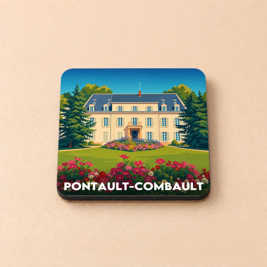 Dessous de verre souvenir de la ville de Pontault-Combault avec une illustration stylisée de son hôtel de ville.