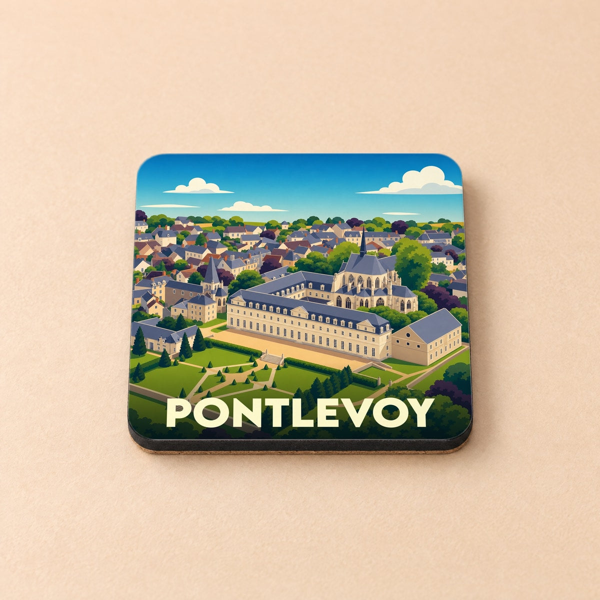 Dessous de verre souvenir de la ville de Pontlevoy avec une illustration stylisée de son abbaye.