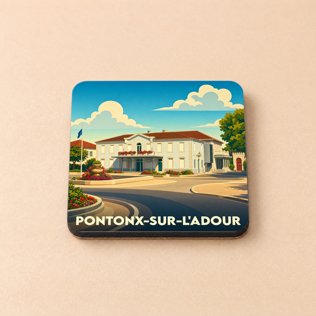 Dessous de verre souvenir de la ville de Pontonx-sur-l'Adour avec une illustration stylisée de la mairie.