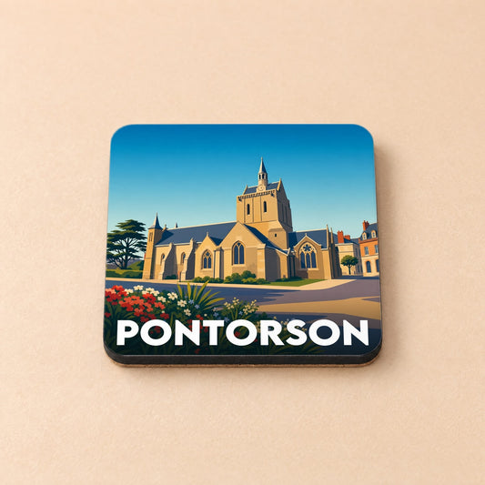 Dessous de verre souvenir de la ville de Pontorson avec une illustration stylisée de son église.