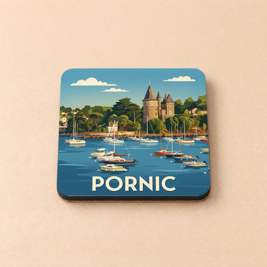 Dessous de verre souvenir de la ville de Pornic avec une illustration stylisée de son port et de son château.