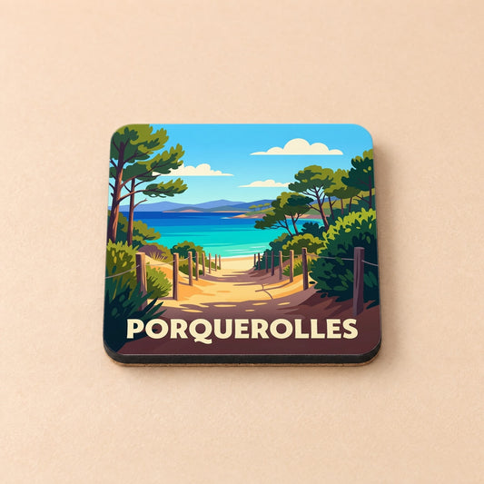 Dessous de verre souvenir de la ville de Porquerolles avec une illustration stylisée d'un sentier menant à la plage.