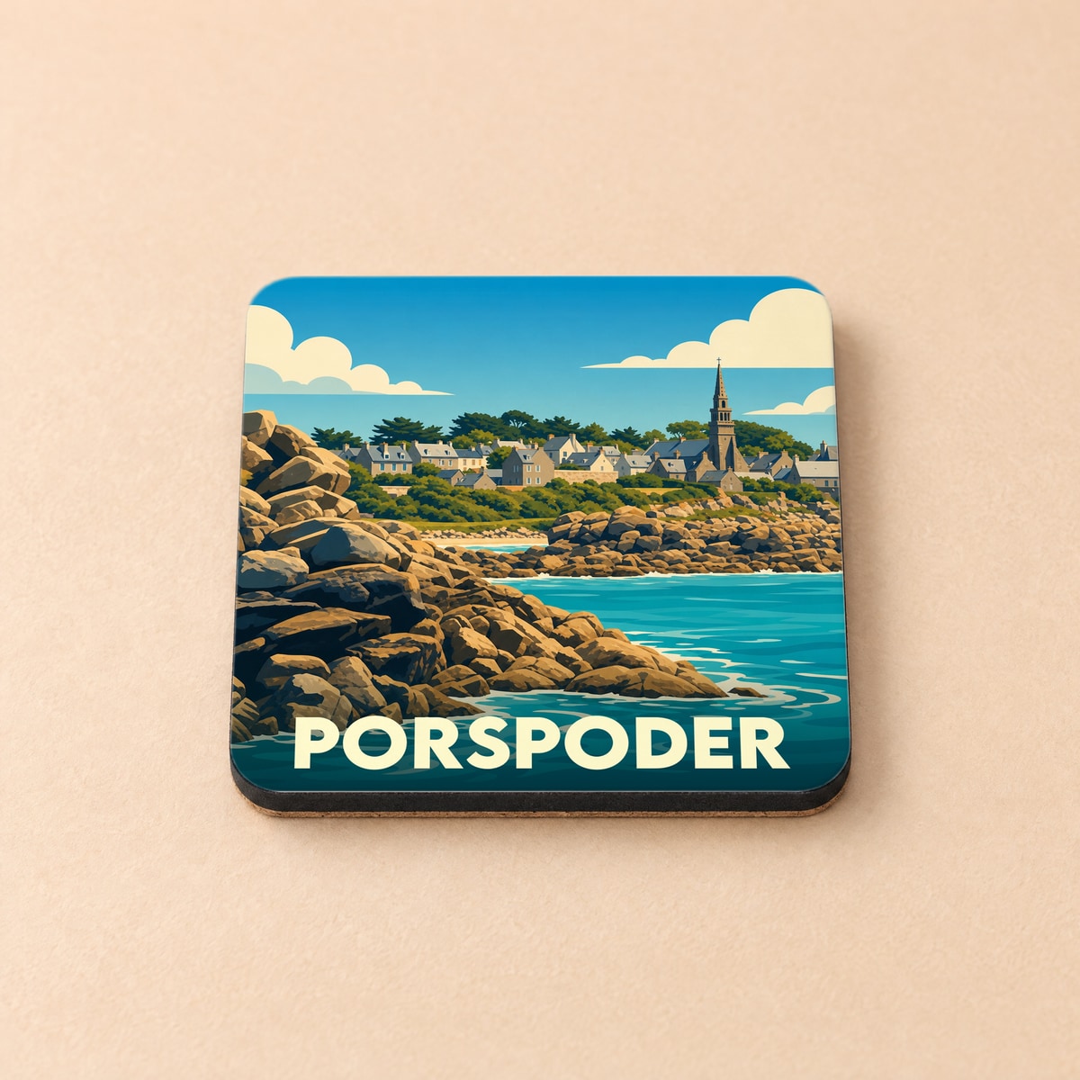 Dessous de verre souvenir de la ville de Porspoder avec une illustration stylisée de son littoral et de son église.