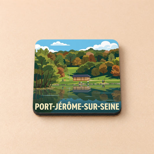 Dessous de verre souvenir de la ville de Port-Jérôme-sur-Seine avec une illustration stylisée.