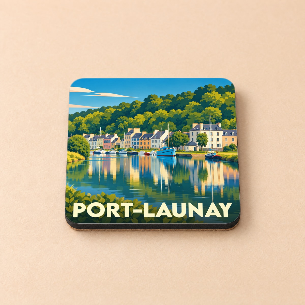 Dessous de verre souvenir de la ville de Port-Launay avec une illustration stylisée et colorée de son port.
