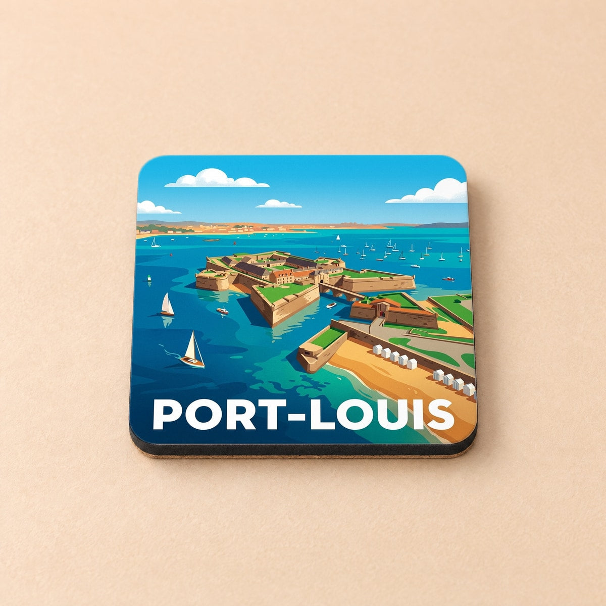 Dessous de verre souvenir de la ville de Port-Louis avec une illustration stylisée de sa citadelle en bord de mer.