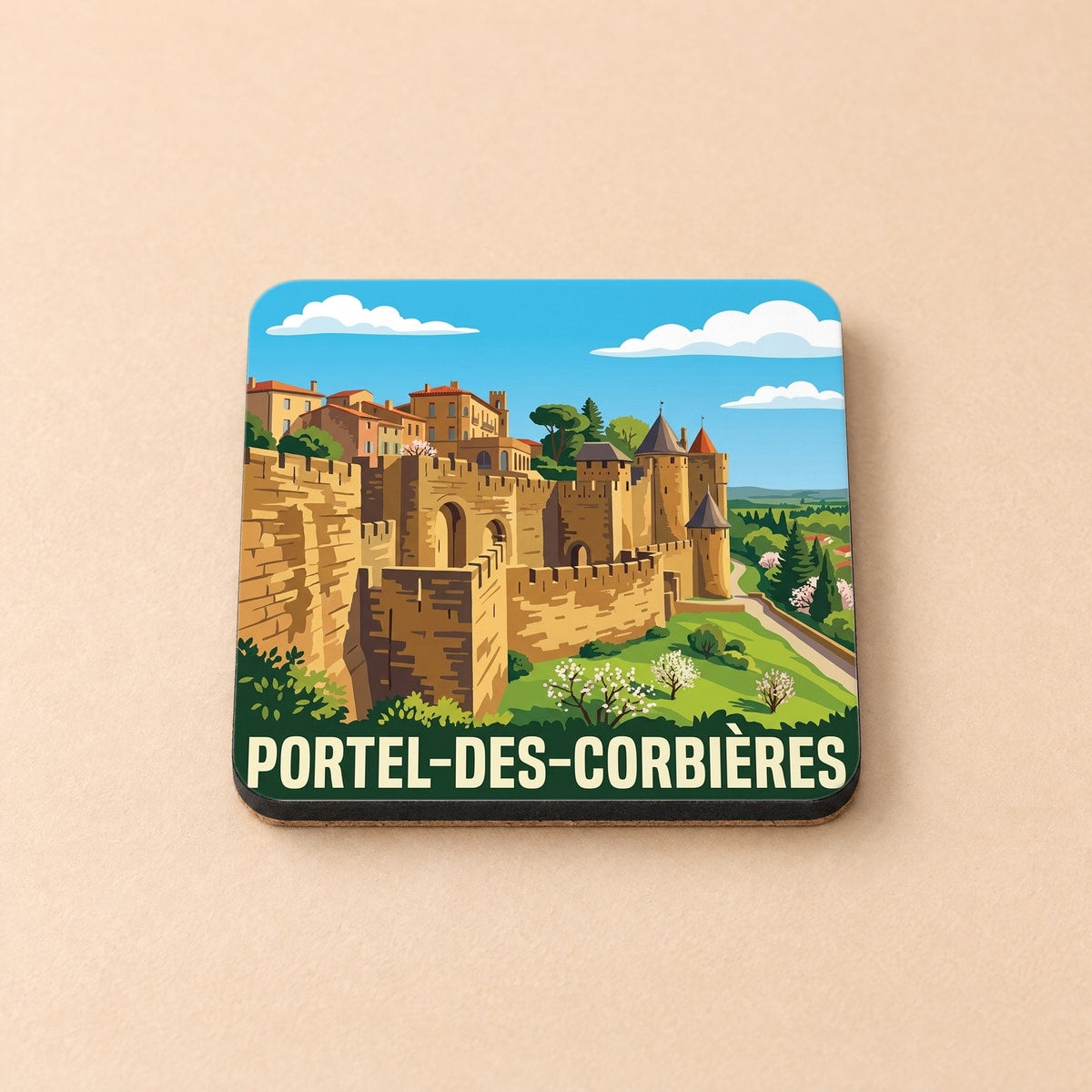 Dessous de verre souvenir de Portel-des-Corbières illustrant les remparts médiévaux de la ville dans un style rétro.