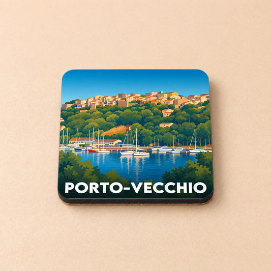 Dessous de verre souvenir de la ville de Porto-Vecchio avec une illustration stylisée.