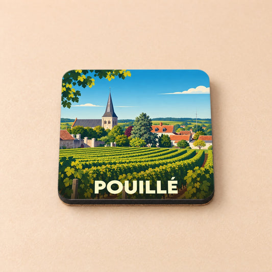 Dessous de verre souvenir de la ville de Pouillé avec une illustration stylisée de son église et de ses vignobles.