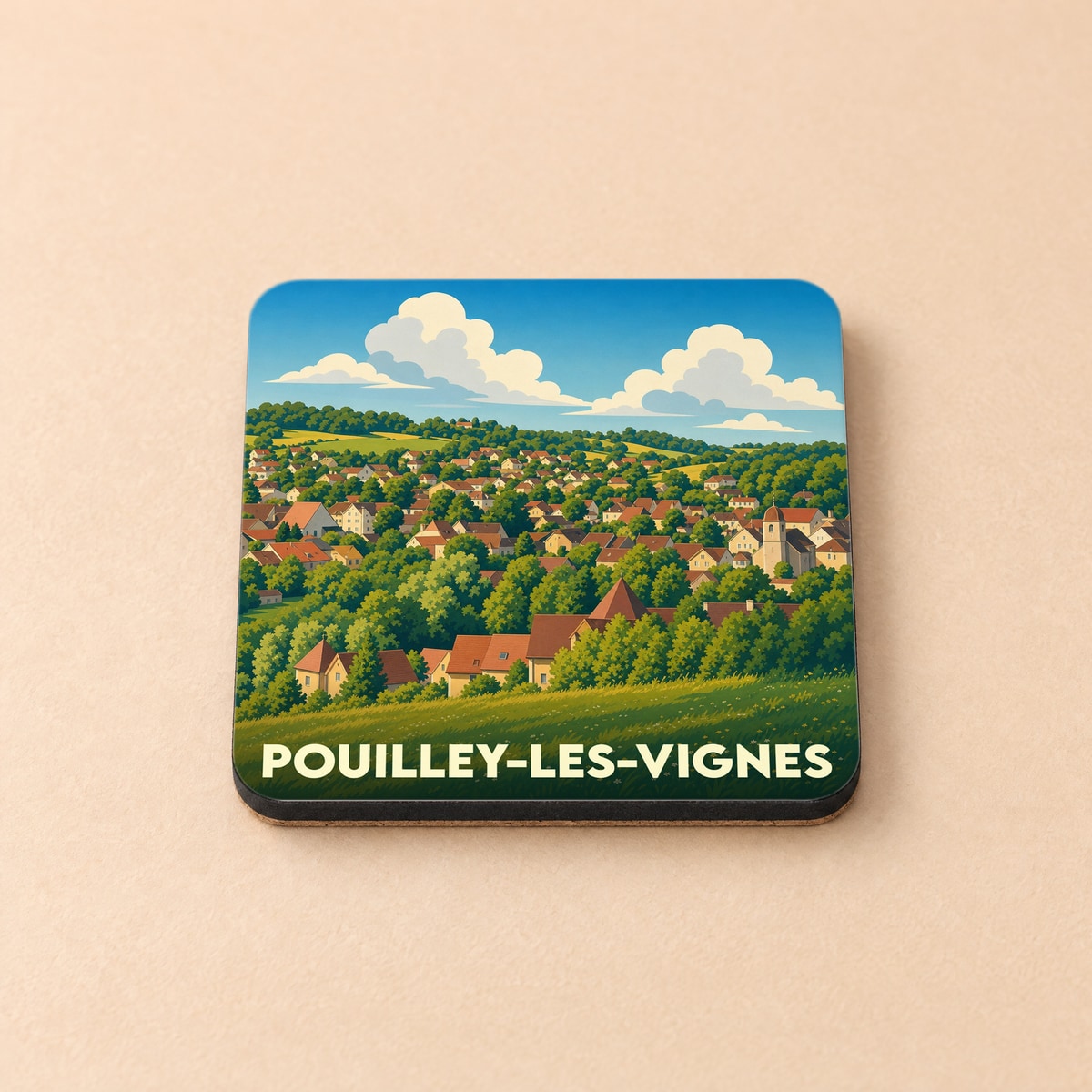 Dessous de verre souvenir de la ville de Pouilley-les-Vignes avec une illustration stylisée du village et de ses collines.